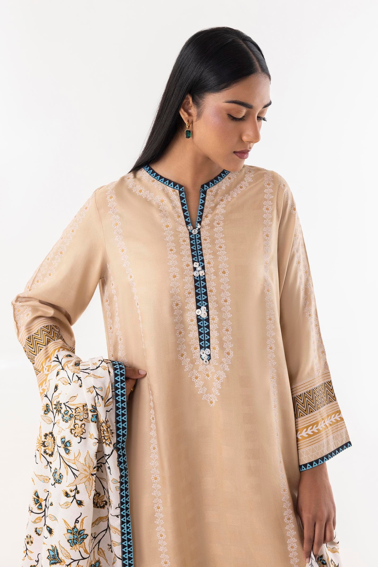 Stitched Beige Basic Printed Suit