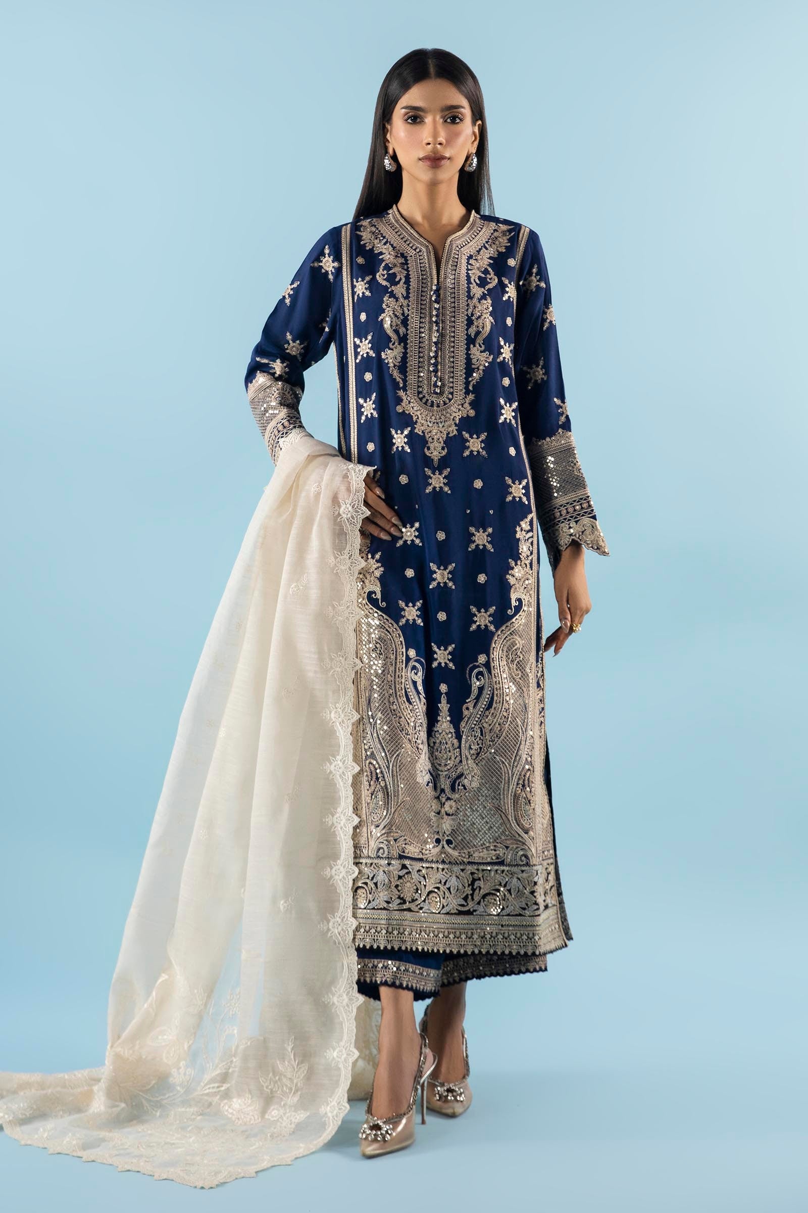 Stitched Embroidered Silk Shirt + Culotte + Dupatta Main image