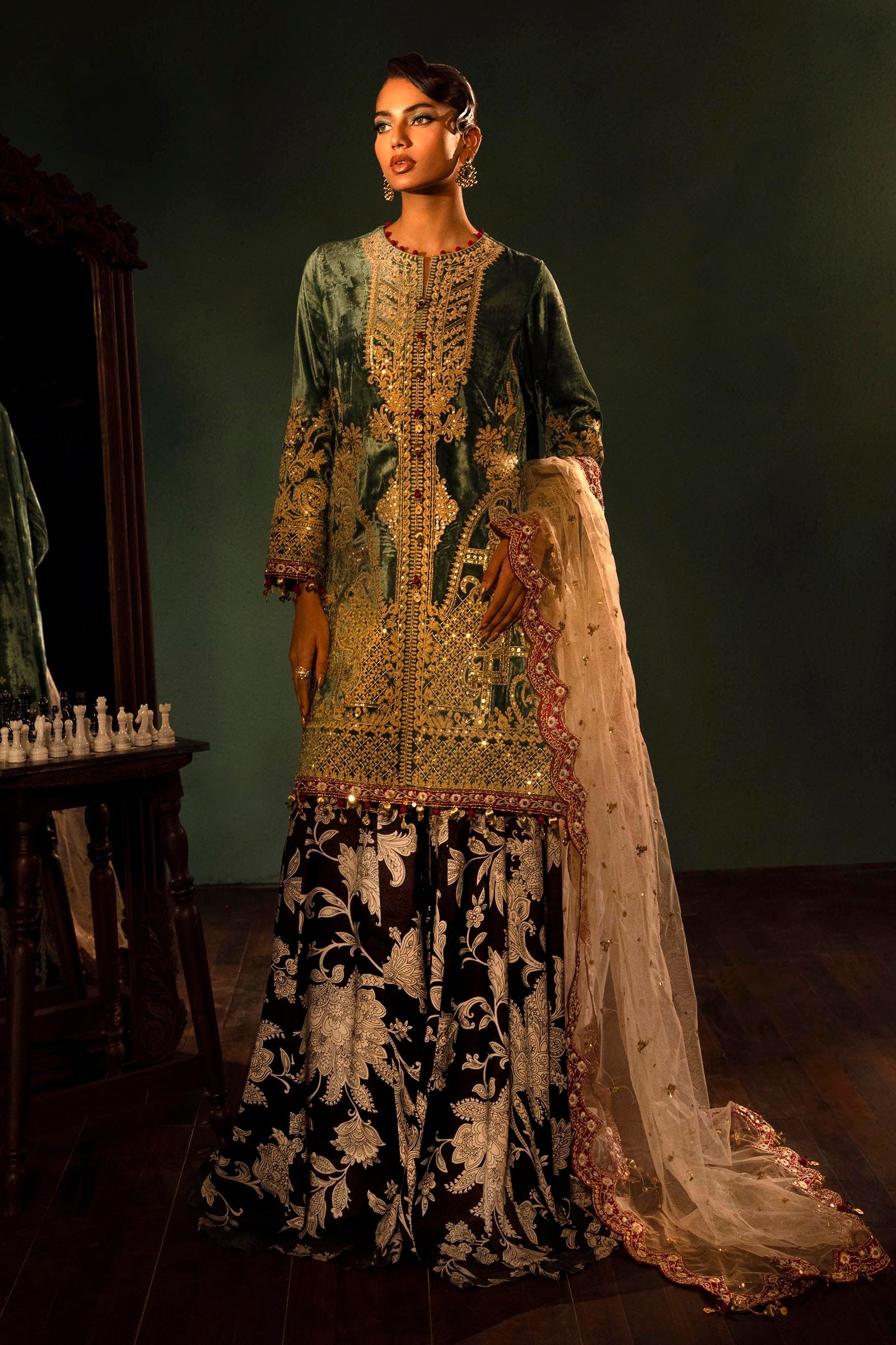 Stitched Green Embroidered Shirt + Gharara + Dupatta Main image