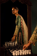 Stitched Green Embroidered Shirt + Gharara + Dupatta