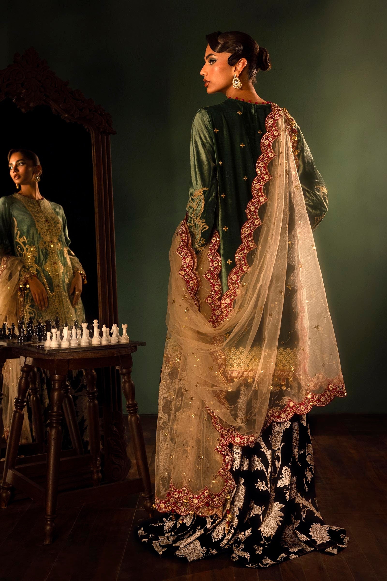 Stitched Green Embroidered Shirt + Gharara + Dupatta