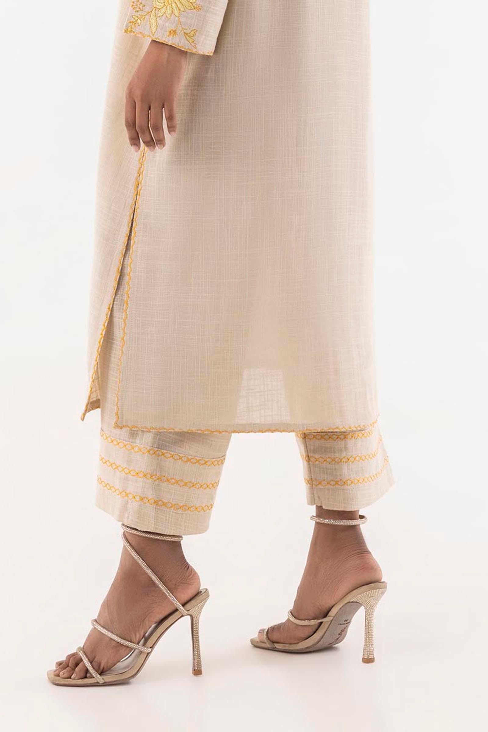 Stitched Beige Slub Embroidered Culotte Secondary image