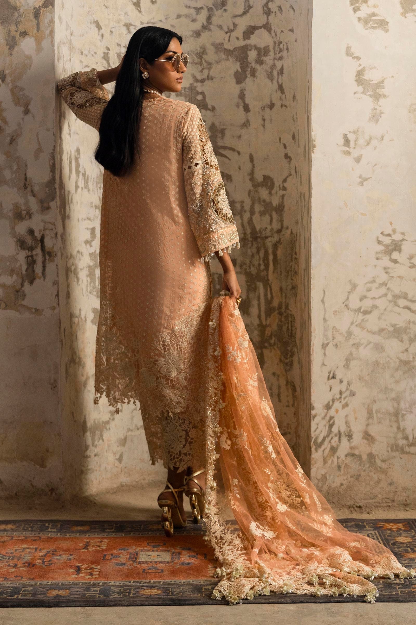 Stitched Peach Embroidered Shirt + Culotte + Dupatta Secondary image