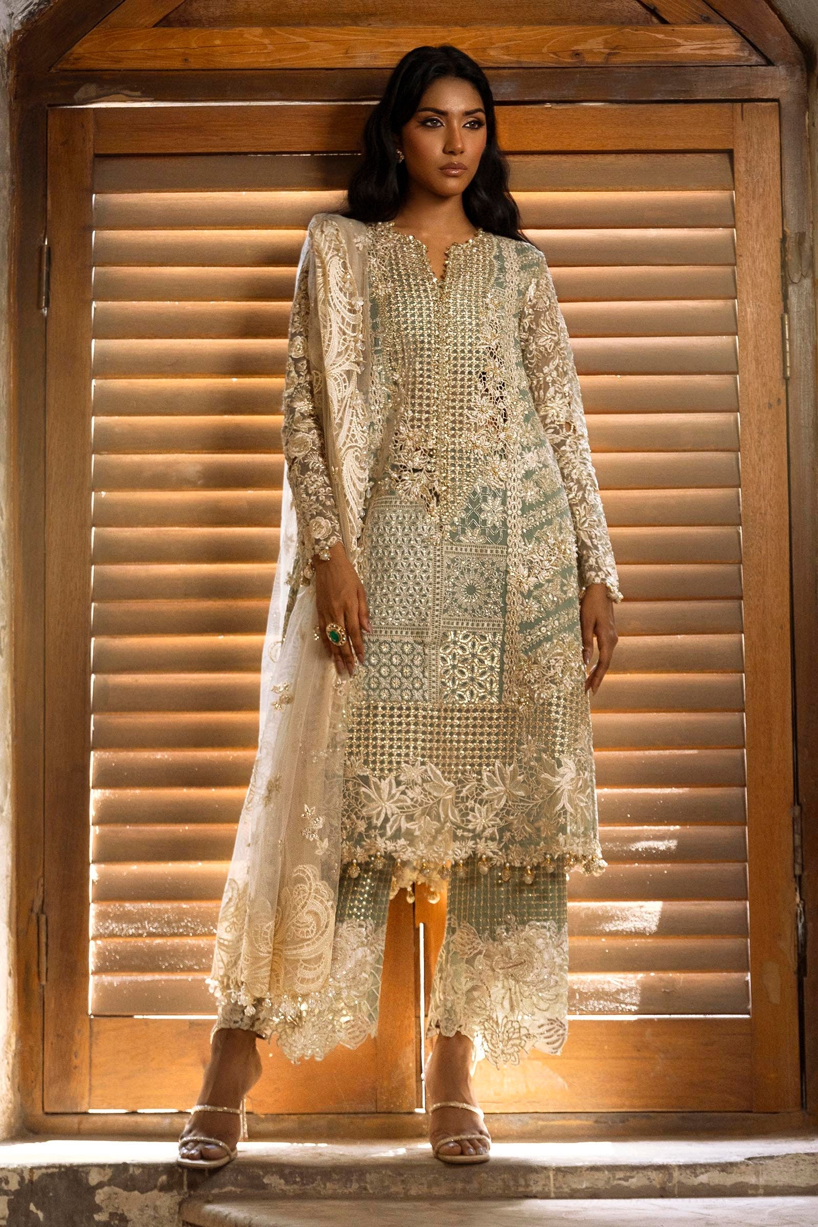 Stitched Mint Green Embroidered Shirt + Culotte + Dupatta Main image