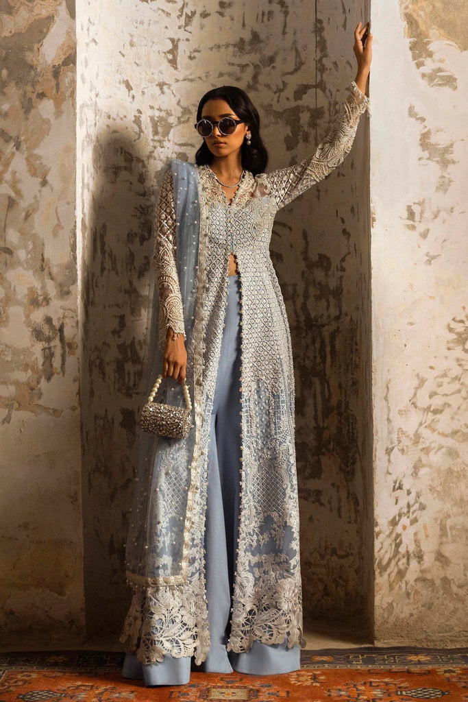 Stitched Sky Blue Embroidered Shirt + Gharara + Dupatta