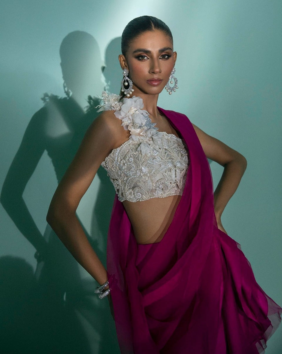 Fusia Pink Saree White Choli (P-272)