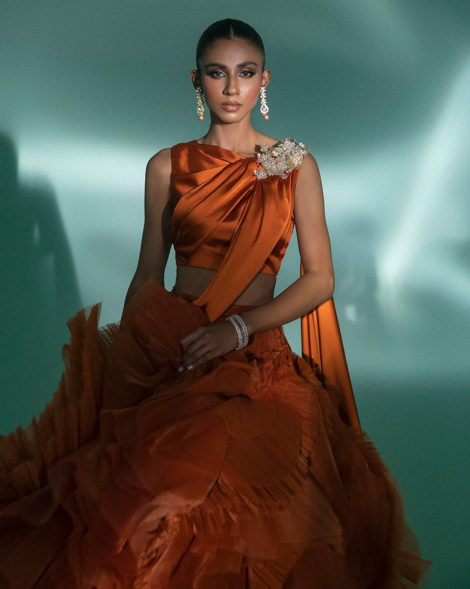Rust Satin Choli with Frill Lehanga (P-273)