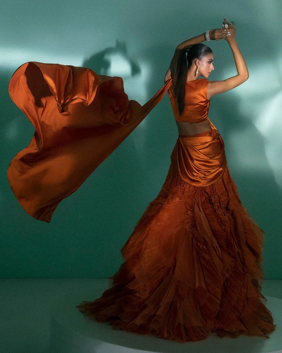 Rust Satin Choli with Frill Lehanga (P-273)