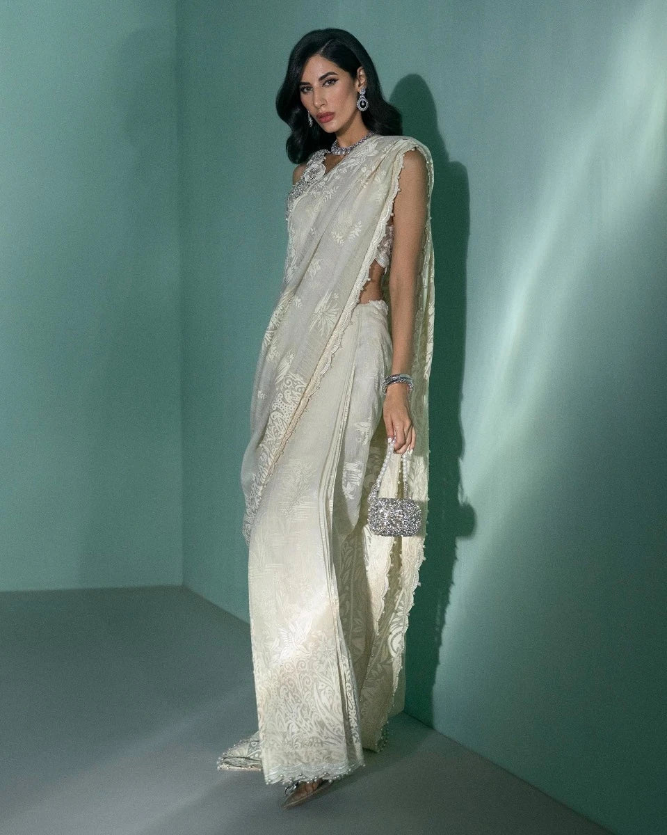 Printed Cream Pant Saree (P-275)