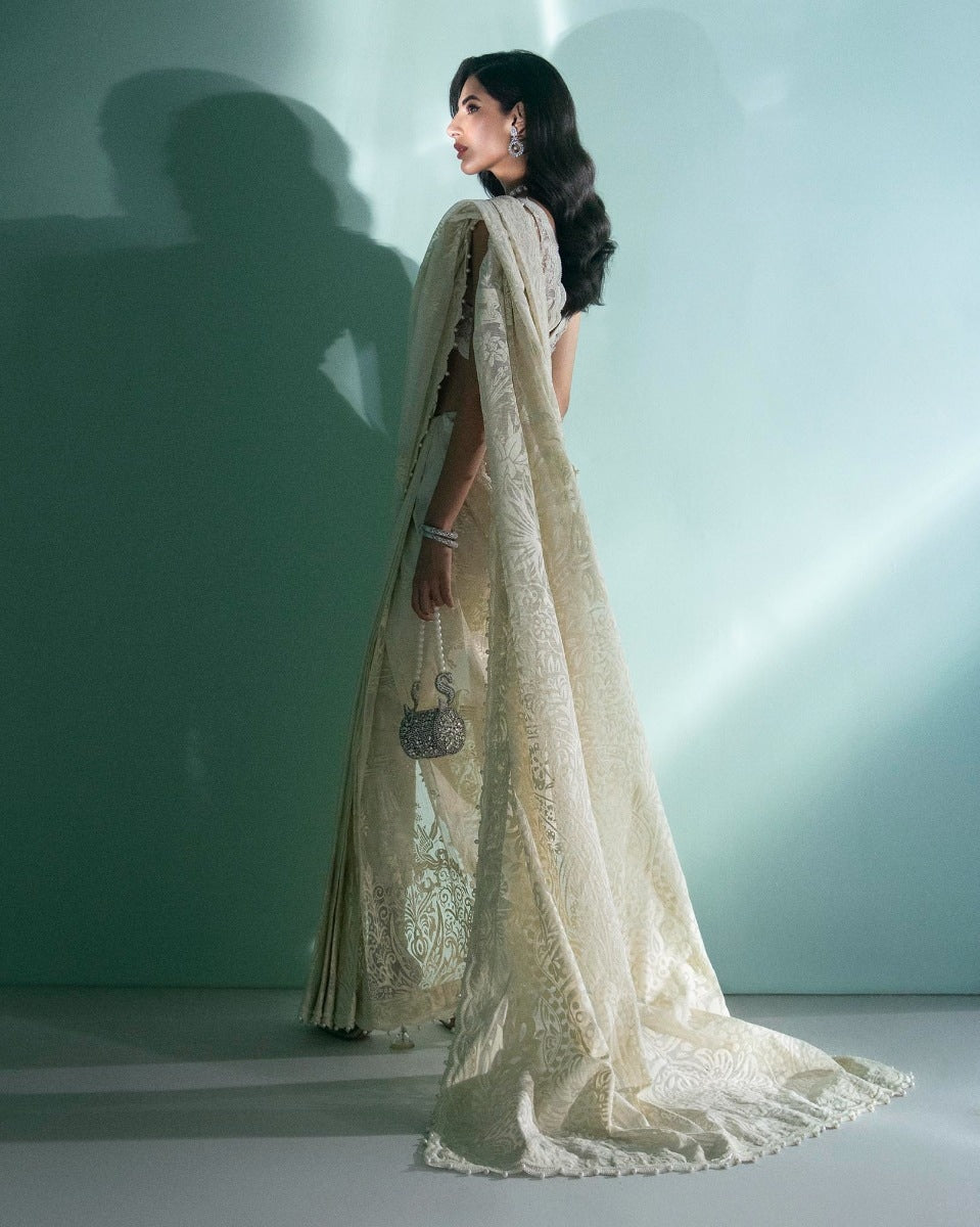 Printed Cream Pant Saree (P-275)