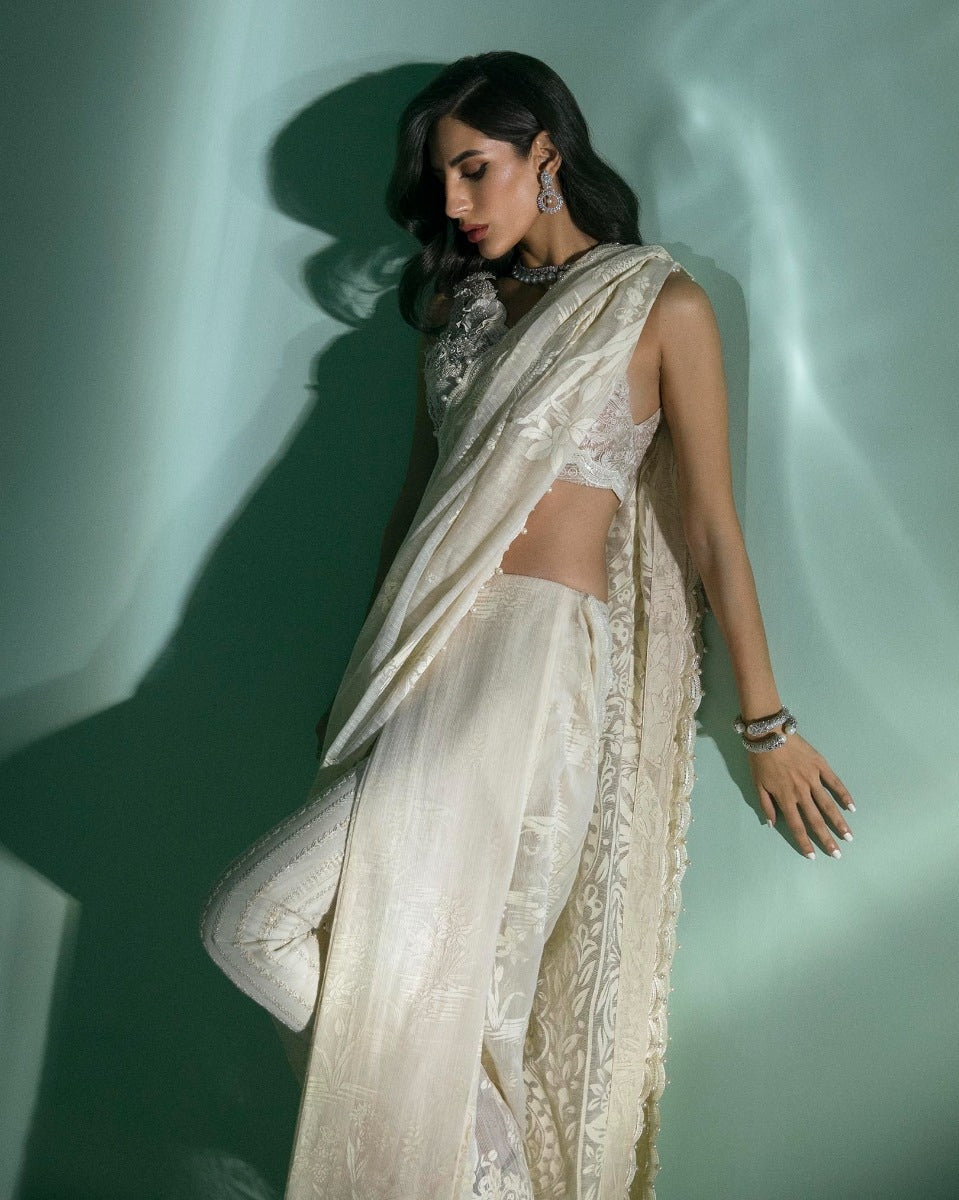 Printed Cream Pant Saree (P-275)