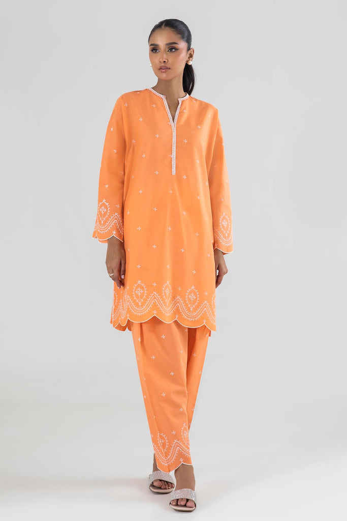 Stitched Orange Embroidered Shirt + Shalwar