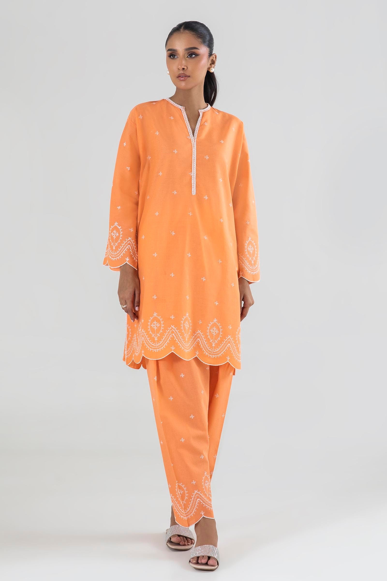 Stitched Orange Embroidered Shirt + Shalwar