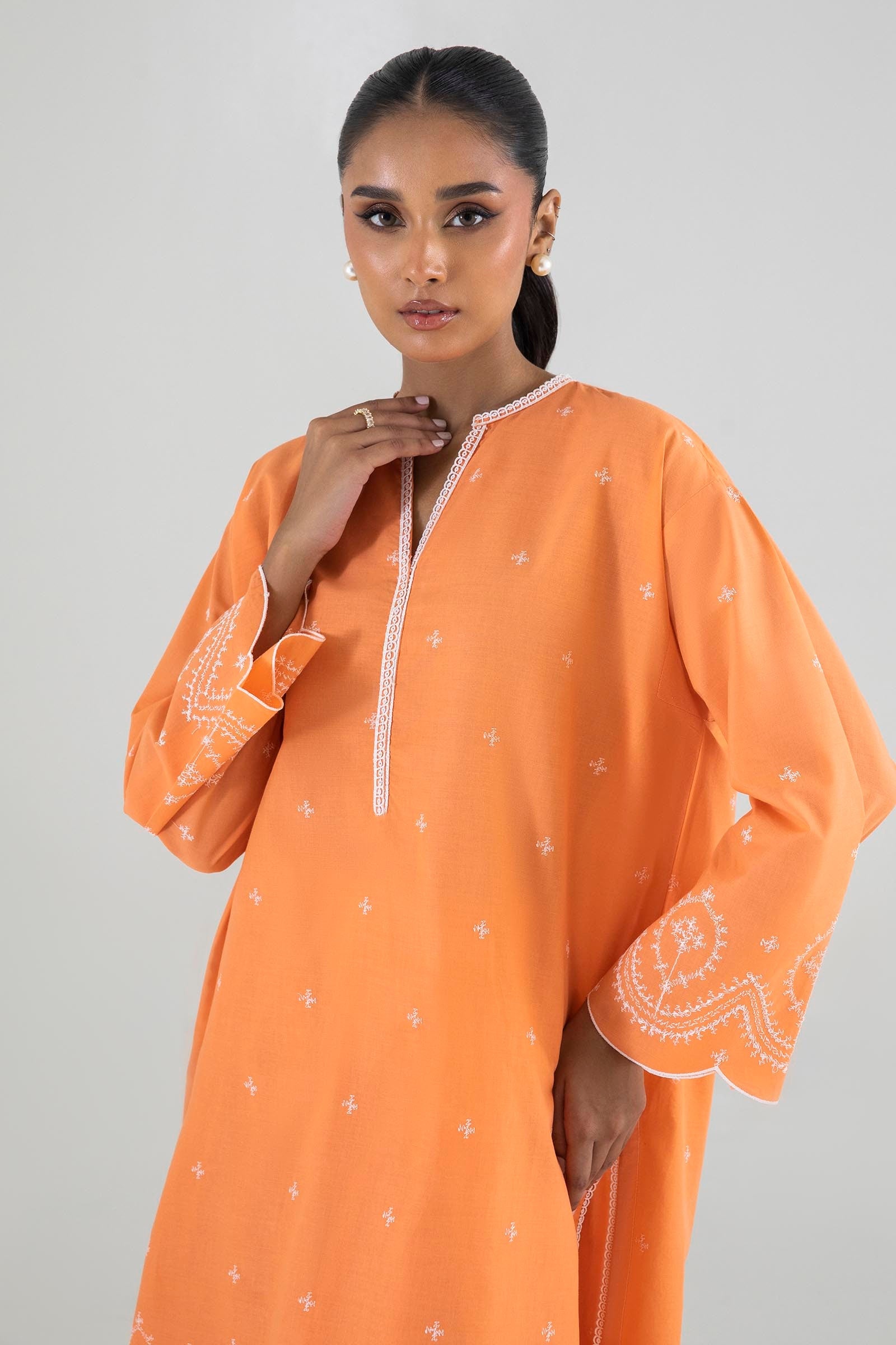 Stitched Orange Embroidered Shirt + Shalwar