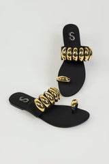 Black & Gold Toe Ring Flats