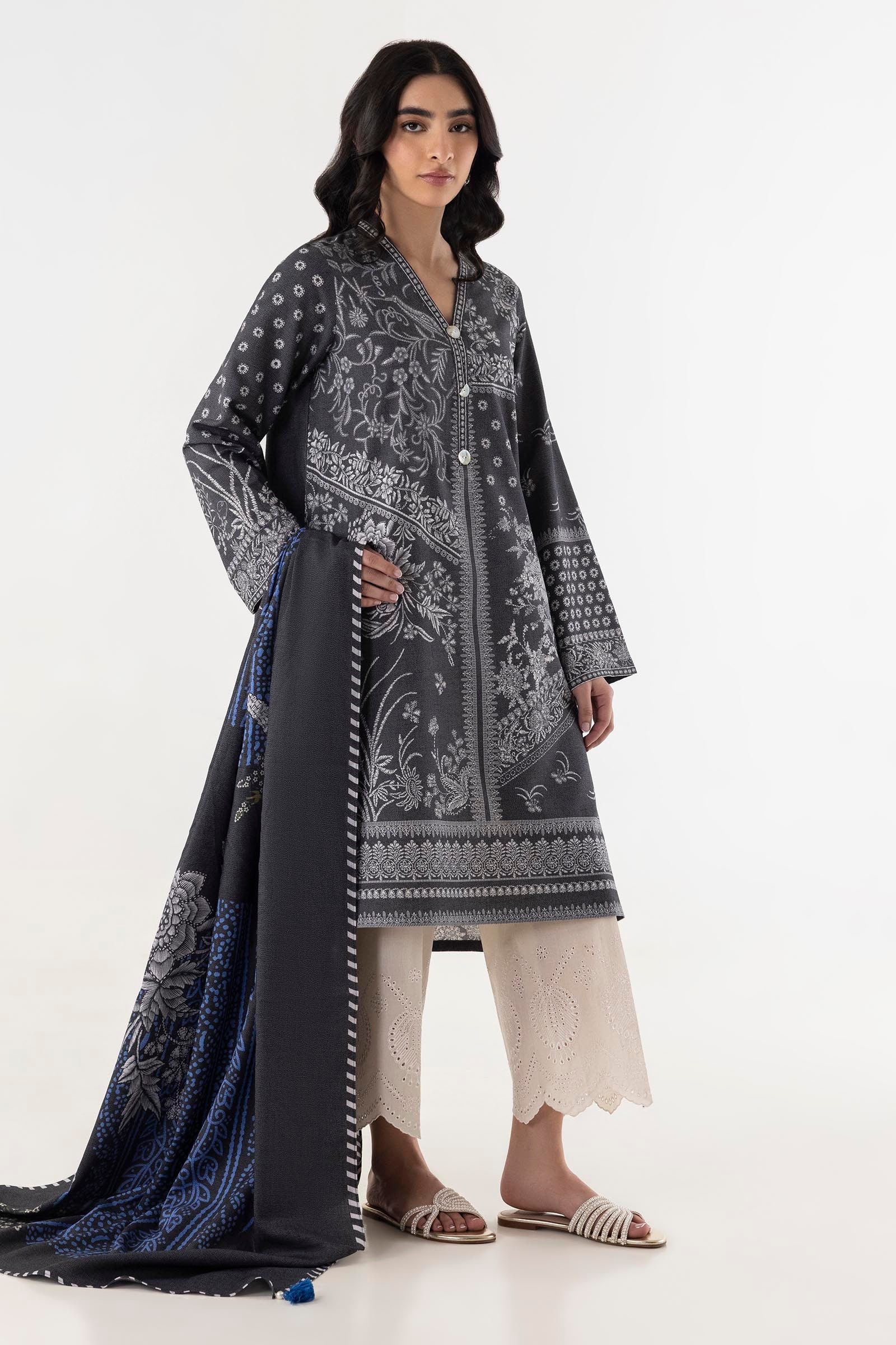 Stitched Charcoal Printed Shirt + Dupatta Main image