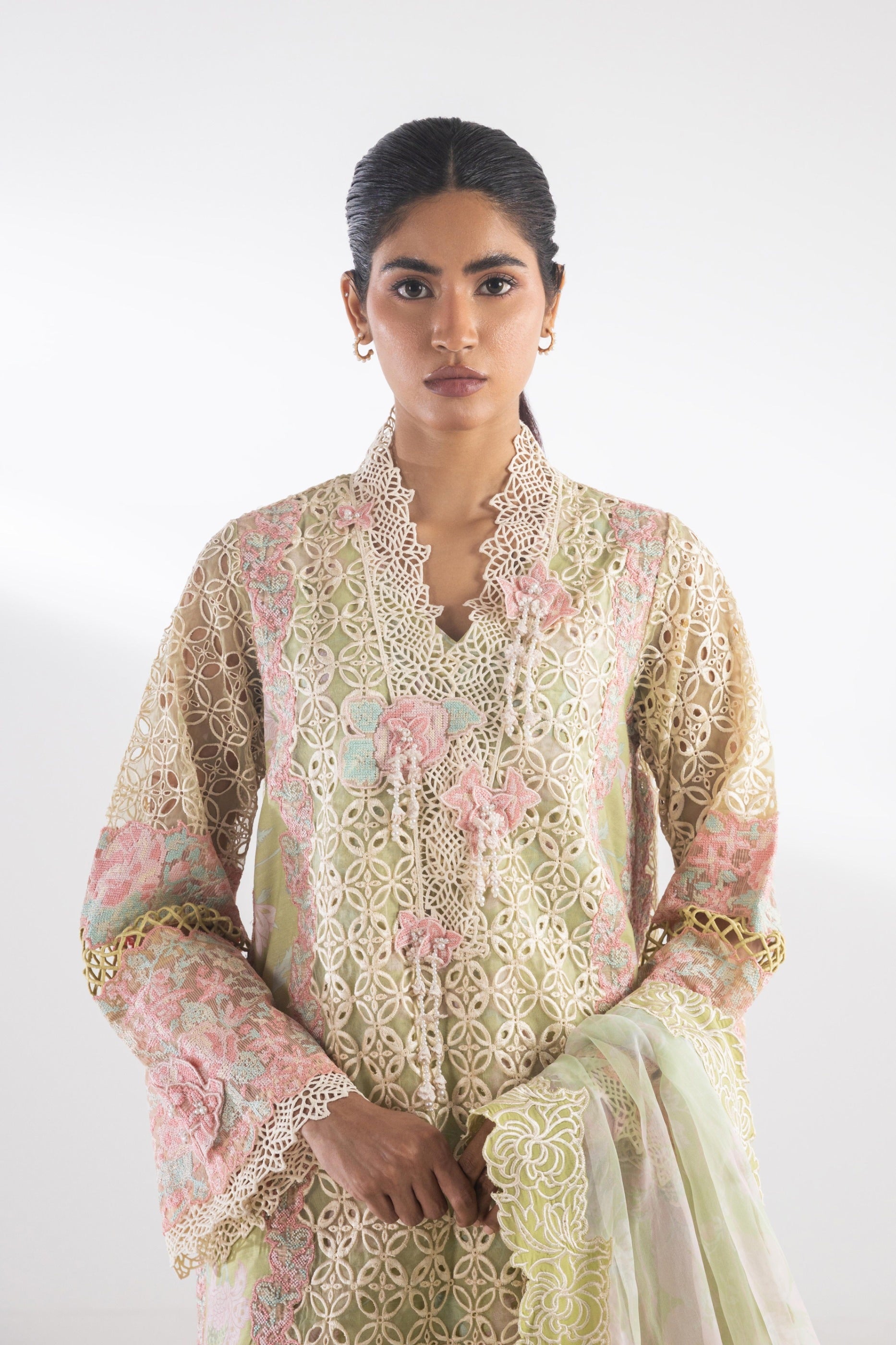 Stitched Embroidered Organza Suit Secondary image