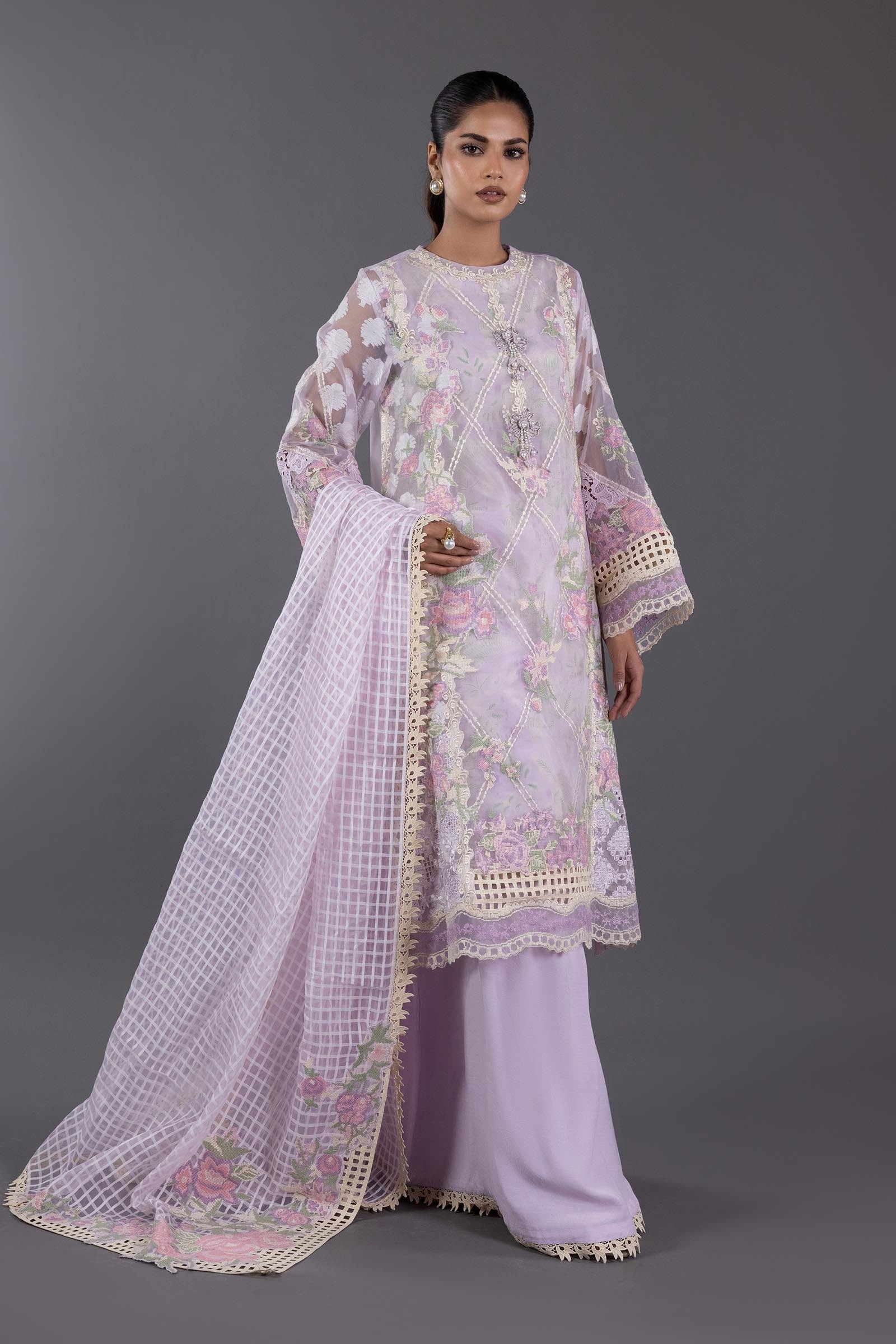 Stitched Organza Embroidered Shirt + Plazo + Dupatta Main image