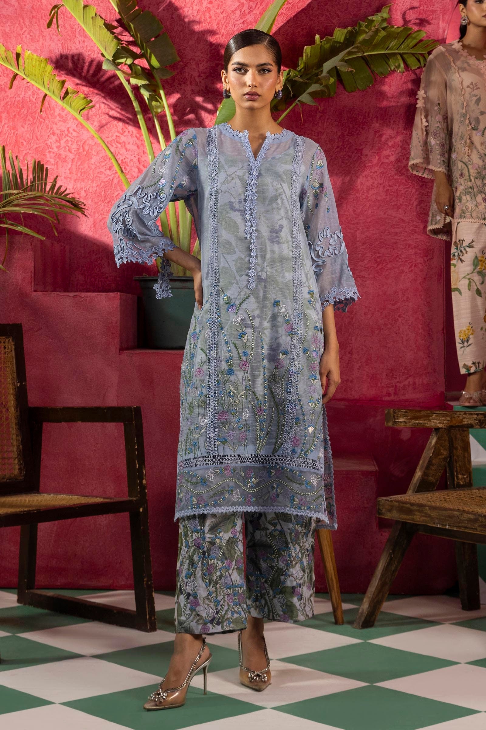 Stitched Embroidered Luxury Blue Shirt + Bottom Main image