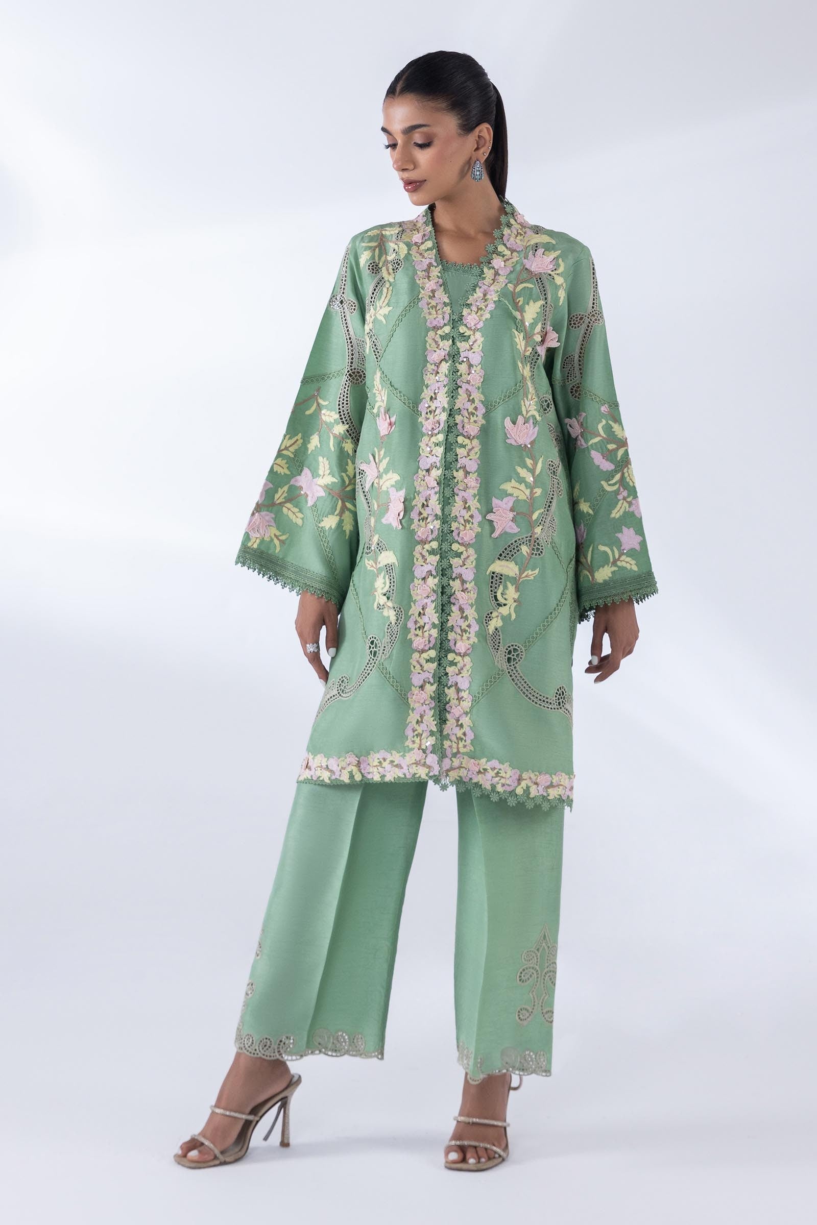 Stitched Embroidered Floral Green Shirt + Bottom Main image