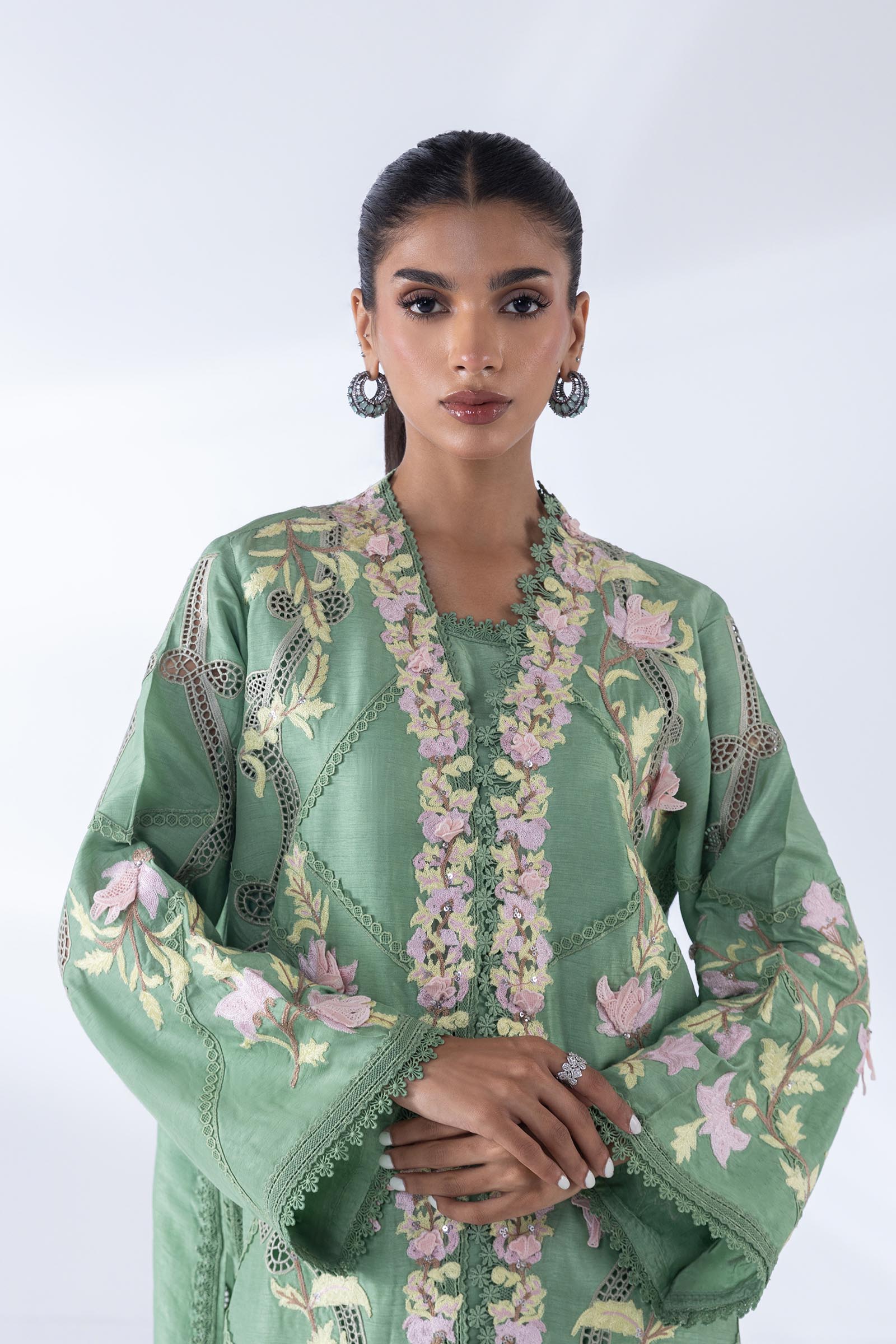 Stitched Embroidered Floral Green Shirt + Bottom Secondary image