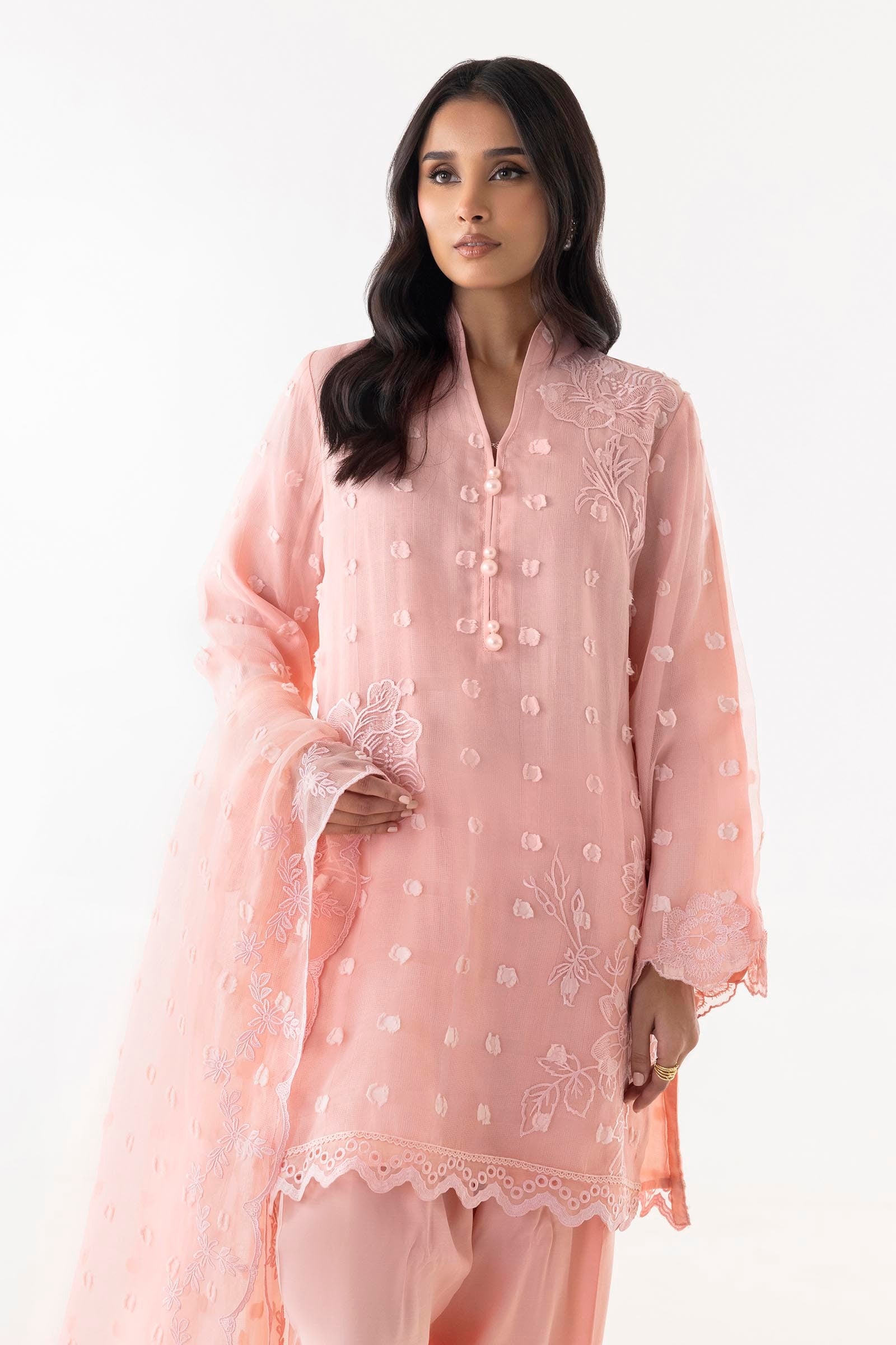 Stitched Pink Embroidered Shirt + Shalwar + Dupatta
