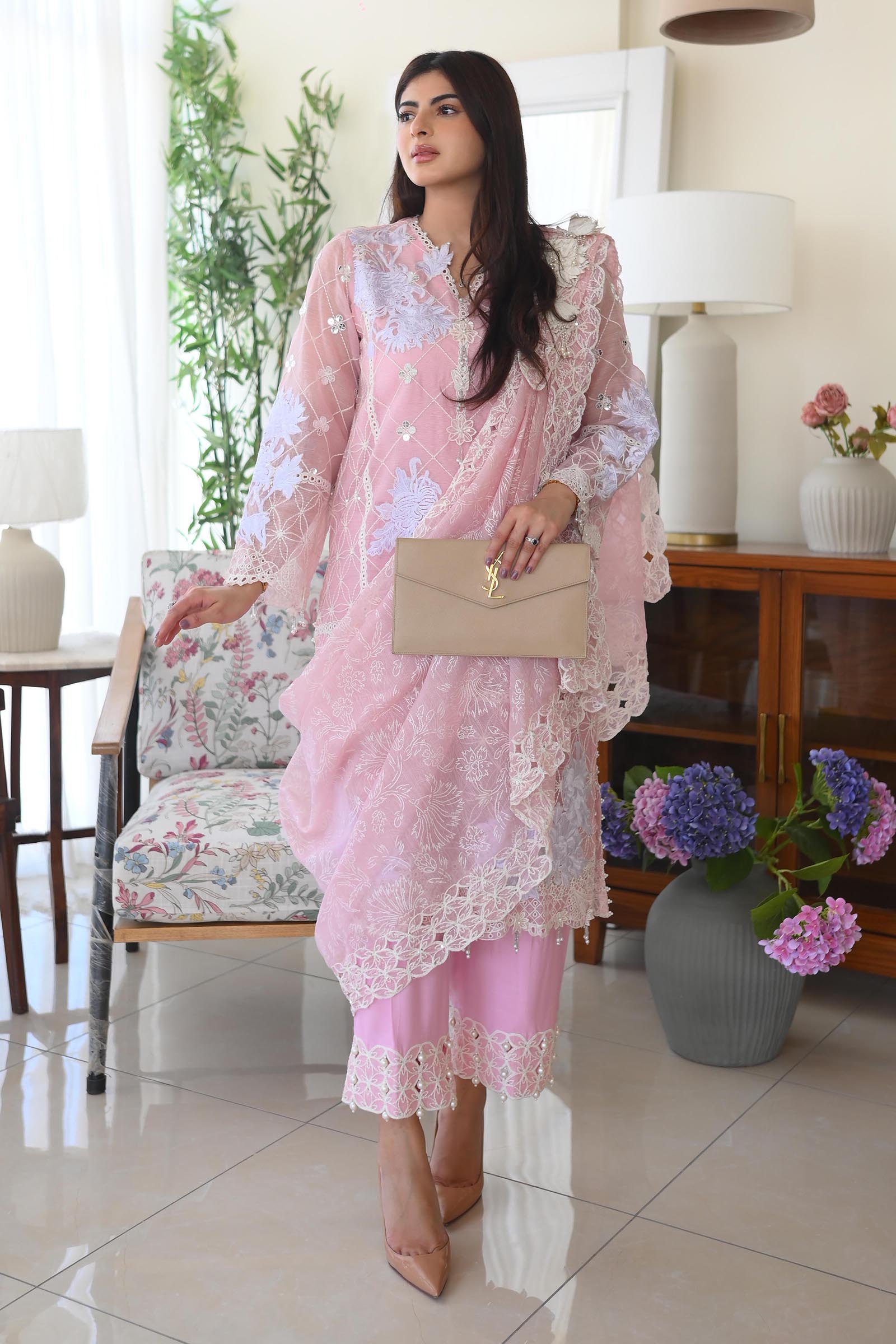 Stitched Embroidered Slub Shirt + Culotte + Dupatta Main image