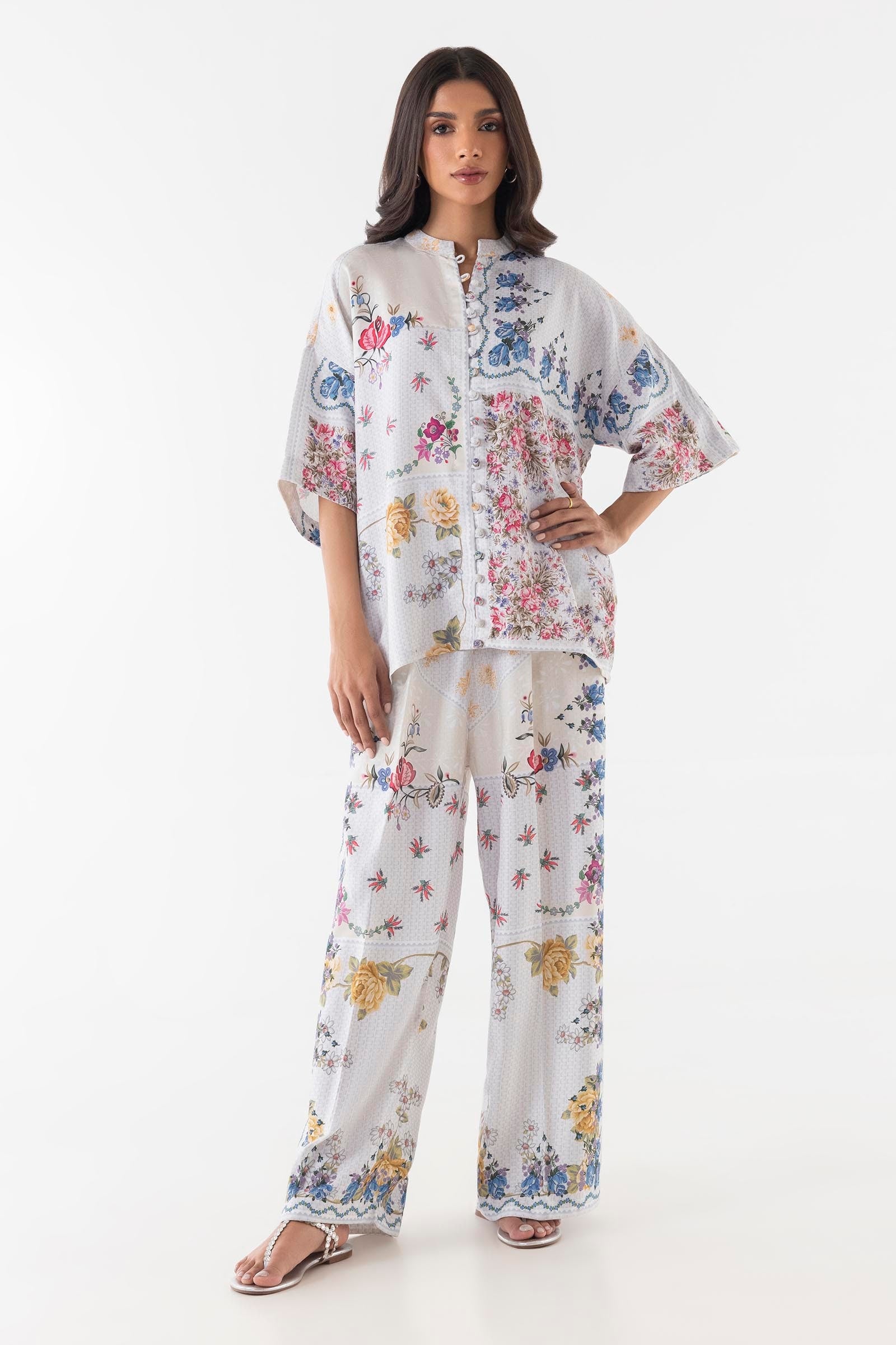 Stitched White Floral Cord Set